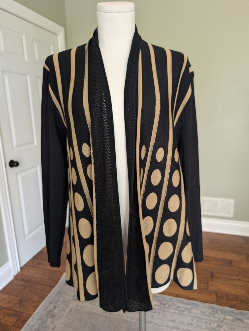 Evidence Women's Open Front Cardigan Black Tan Polka Dot Striped Size Small